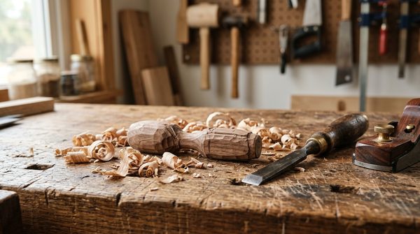 Workbench with wood and tools